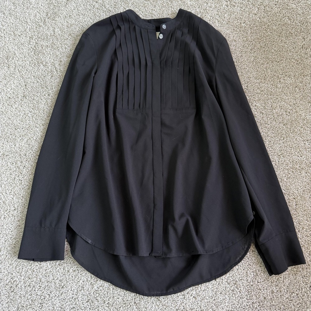 J.Crew Blouse Womens M Black Pleated Henley Long Sleeve High Low Office Top